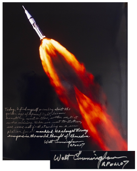Walter Cunningham Signed 16'' x 20'' Photo With Poignant Message on the Legacy of Space Travel -- ''...I find myself preaching about the golden age of spaceflight, because something went on there...''